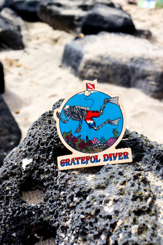 Grateful Diver Skeleton Diver Wooden Sticker