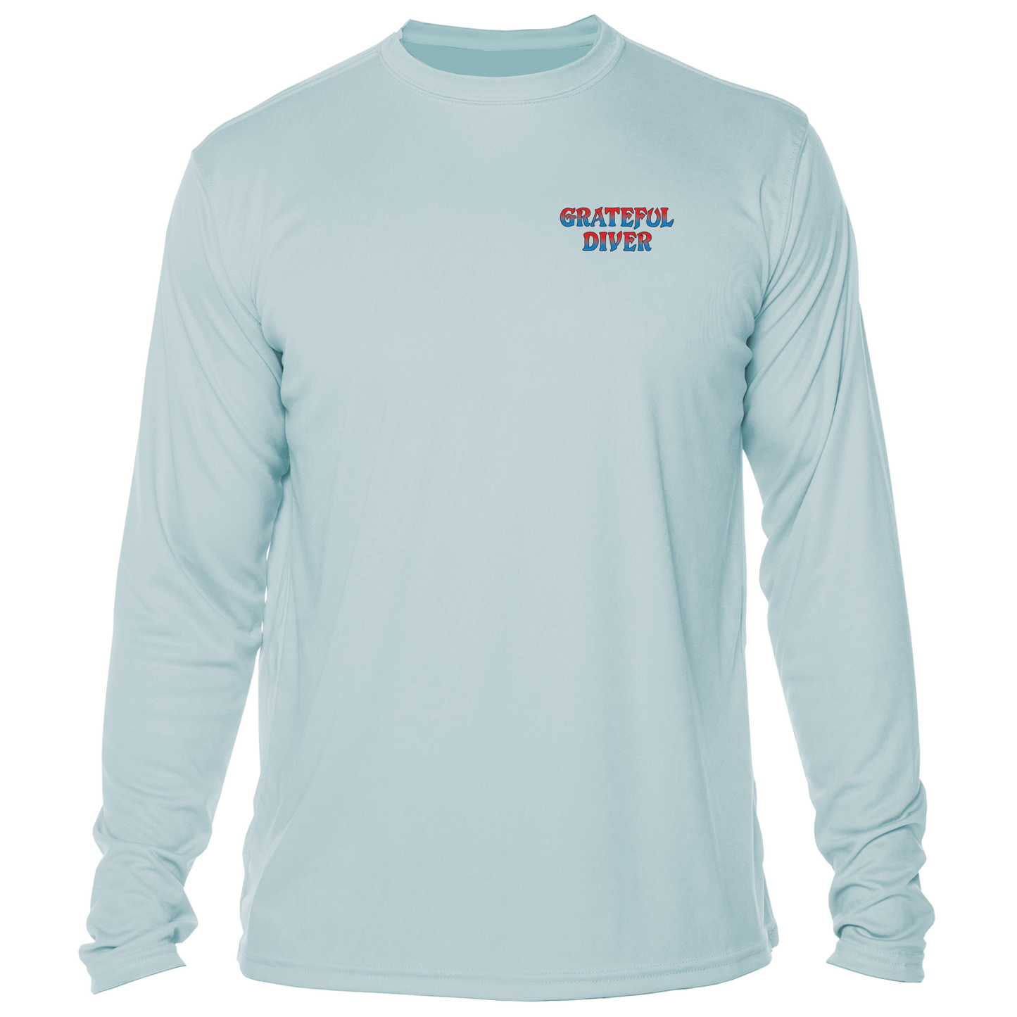 Grateful Diver Sugar Skull UV Shirt in arctic blue showing front off figure