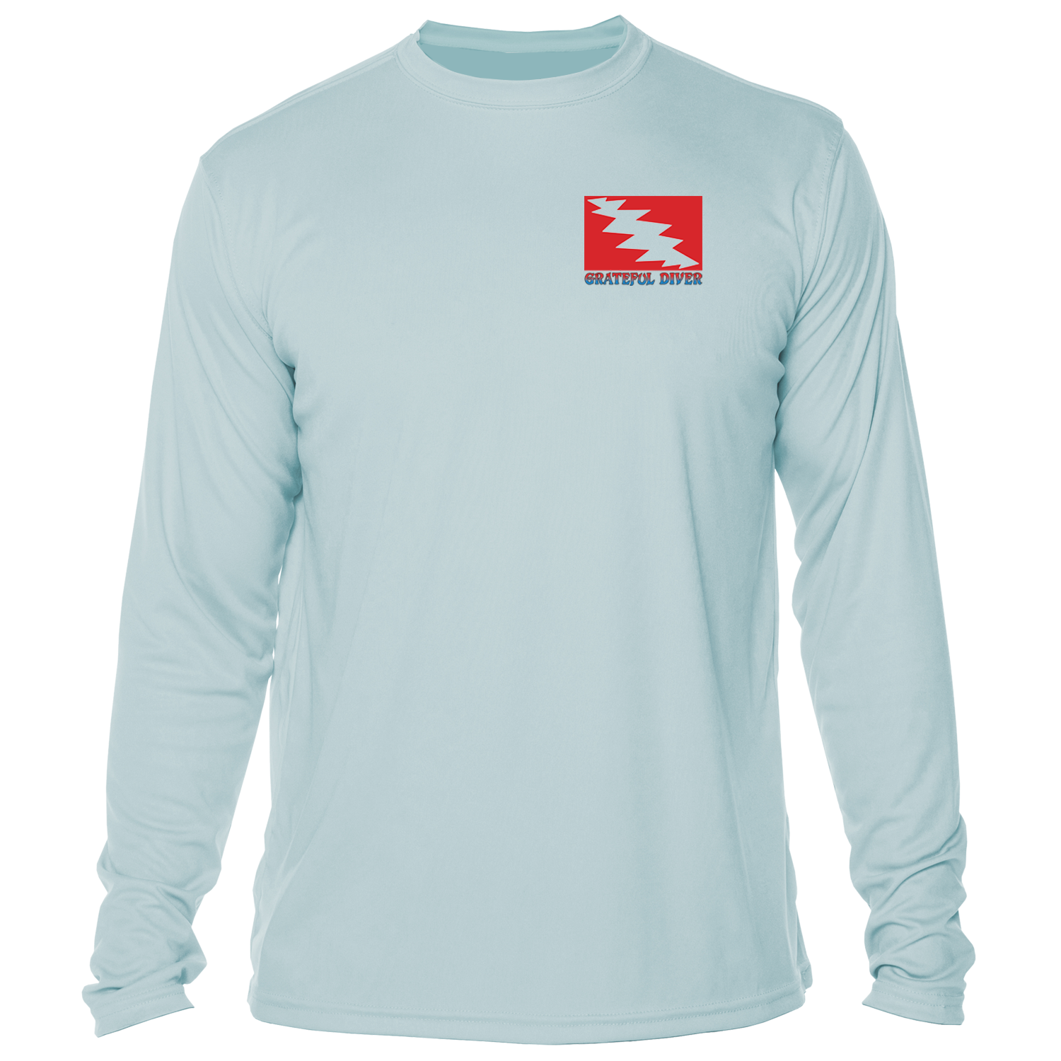 Grateful Diver Ship of Fools UV Shirt in arctic blue showing the front diver flag logo