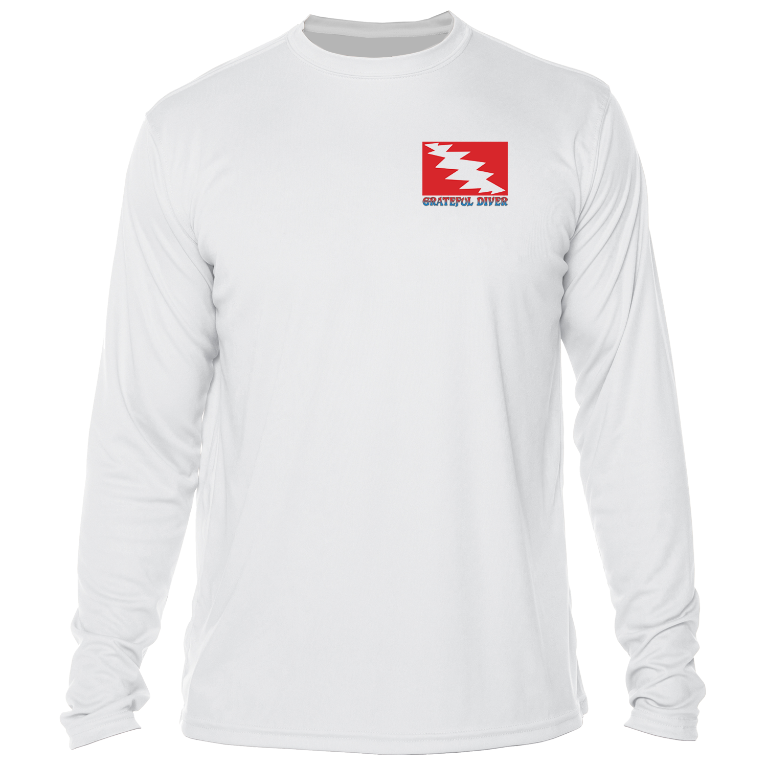 Grateful Diver Ship of Fools UV Shirt in white showing the front diver flag logo