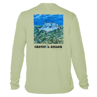 back of sage Grateful Angler Artist's Collection: Catch Your Dreams UV Shirt showing vibrant artwork of fish above the reeds