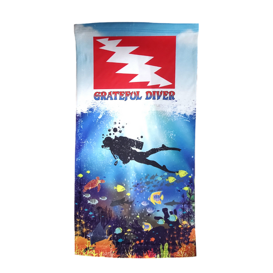 Grateful Diver Reef Diver Neck Gaiter off figure showing lightning bolt logo