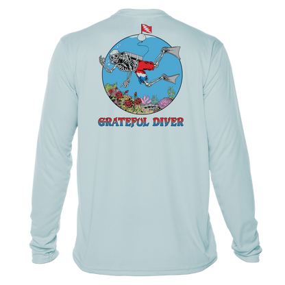 Grateful Diver Skeleton Diver UV Shirt in arctic blue showing the back off figure