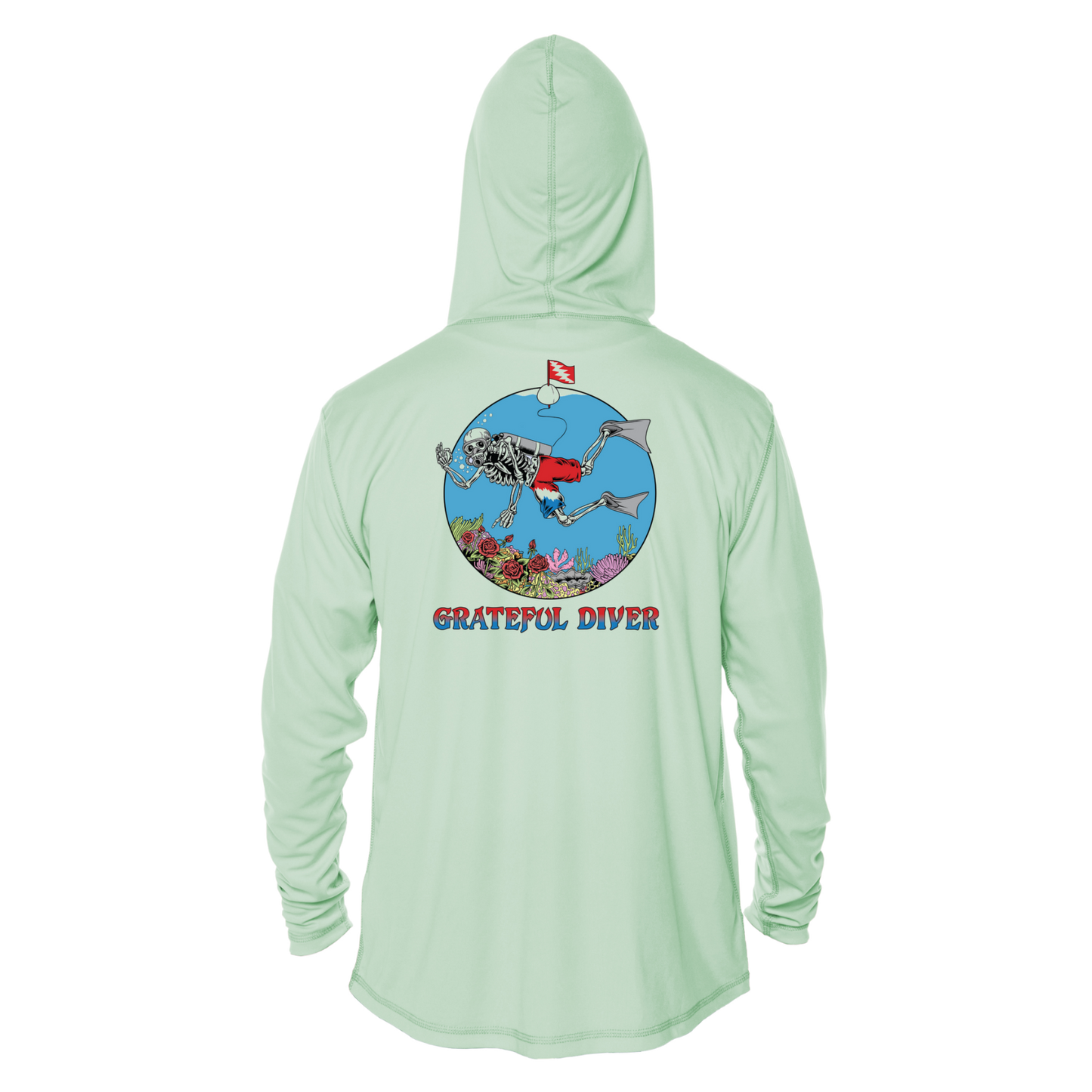 Grateful Diver Skeleton Diver UV Shirt Hoodie in seagrass showing back off figure