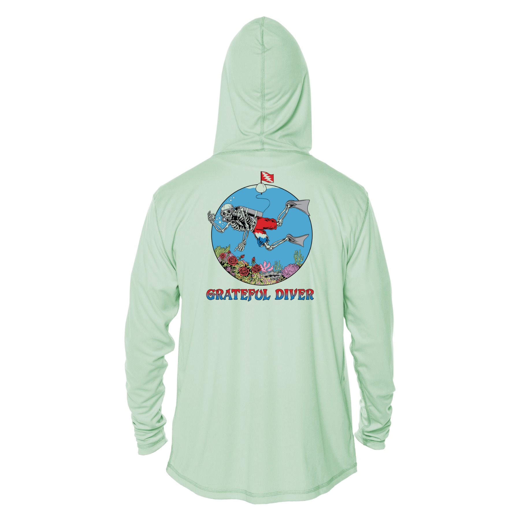 Grateful Diver Skeleton Diver UV Shirt Hoodie in seagrass showing back off figure