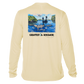 back of pale yellow Grateful Angler Artist's Collection: Fishing for Snook UV Shirt showing vibrant artwork of fishermen above the water in a boat and the snook below