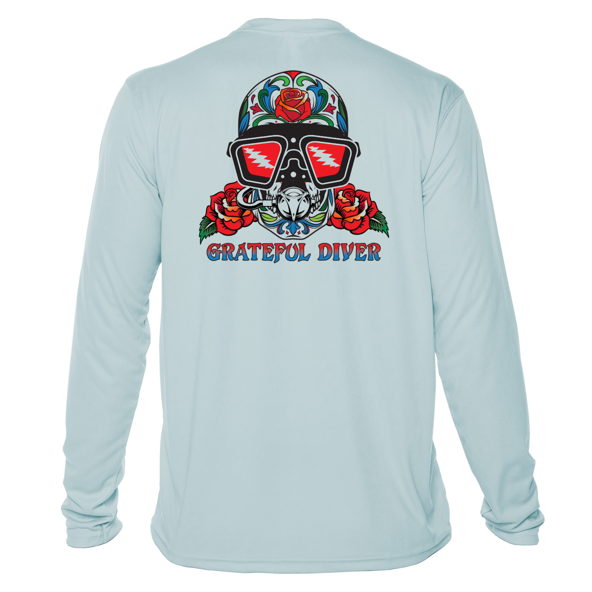Grateful Diver Sugar Skull UV Shirt in arctic blue showing back off figure