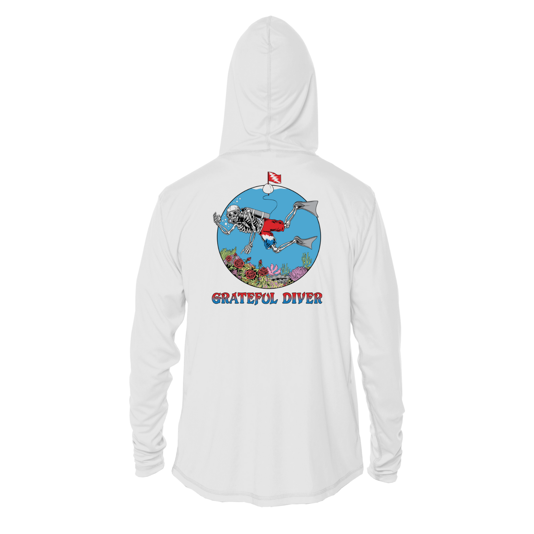 Grateful Diver Skeleton Diver UV Shirt Hoodie in white showing back off figure
