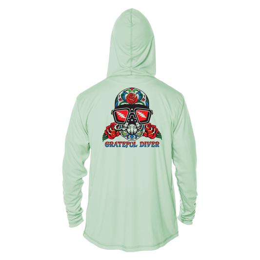 Grateful Diver Sugar Skull UV Shirt Hoodie in seagrass showing back off figure