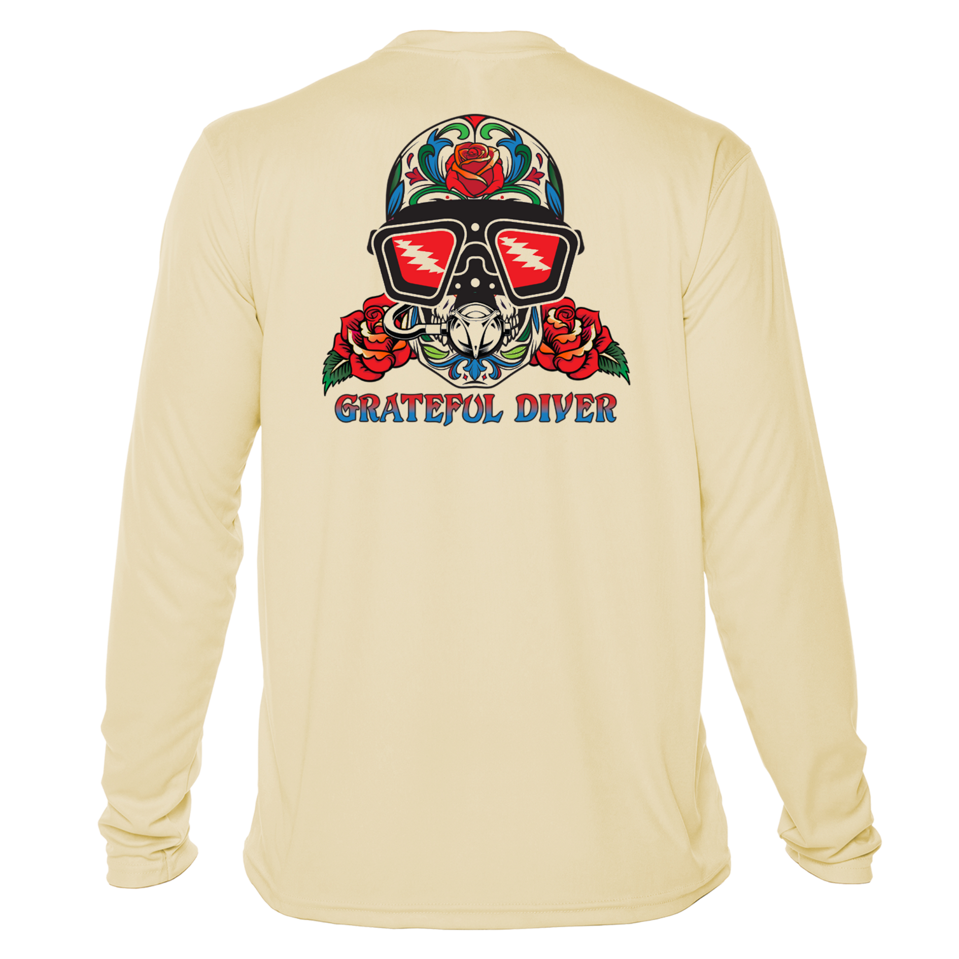 Grateful Diver Sugar Skull UV Shirt in pale yellow showing back off figure