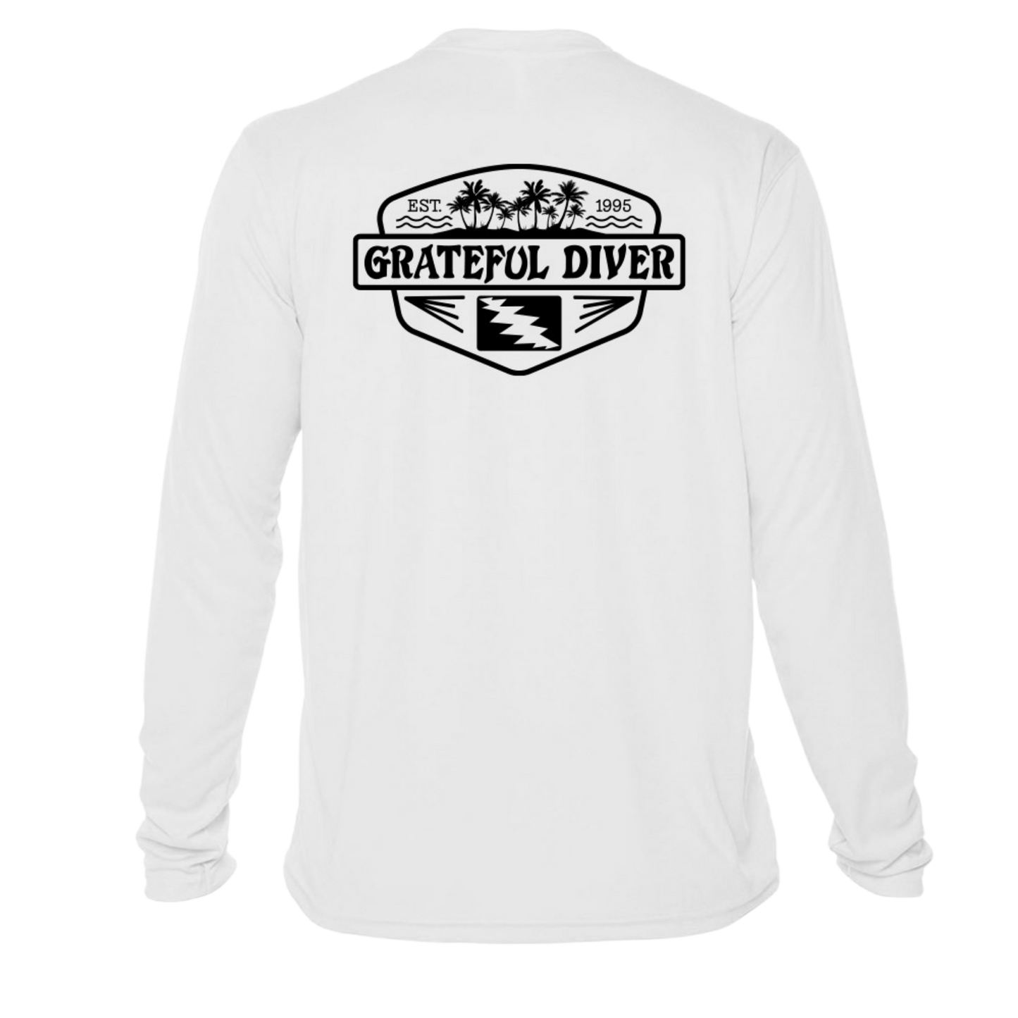 Grateful Diver Palm Tree UV Shirt in white showing the back off figure