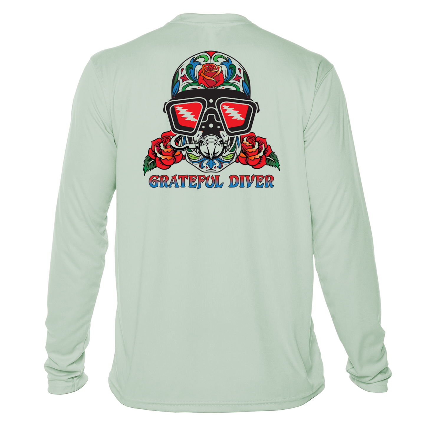 Grateful Diver Sugar Skull UV Shirt in seagrass showing back off figure