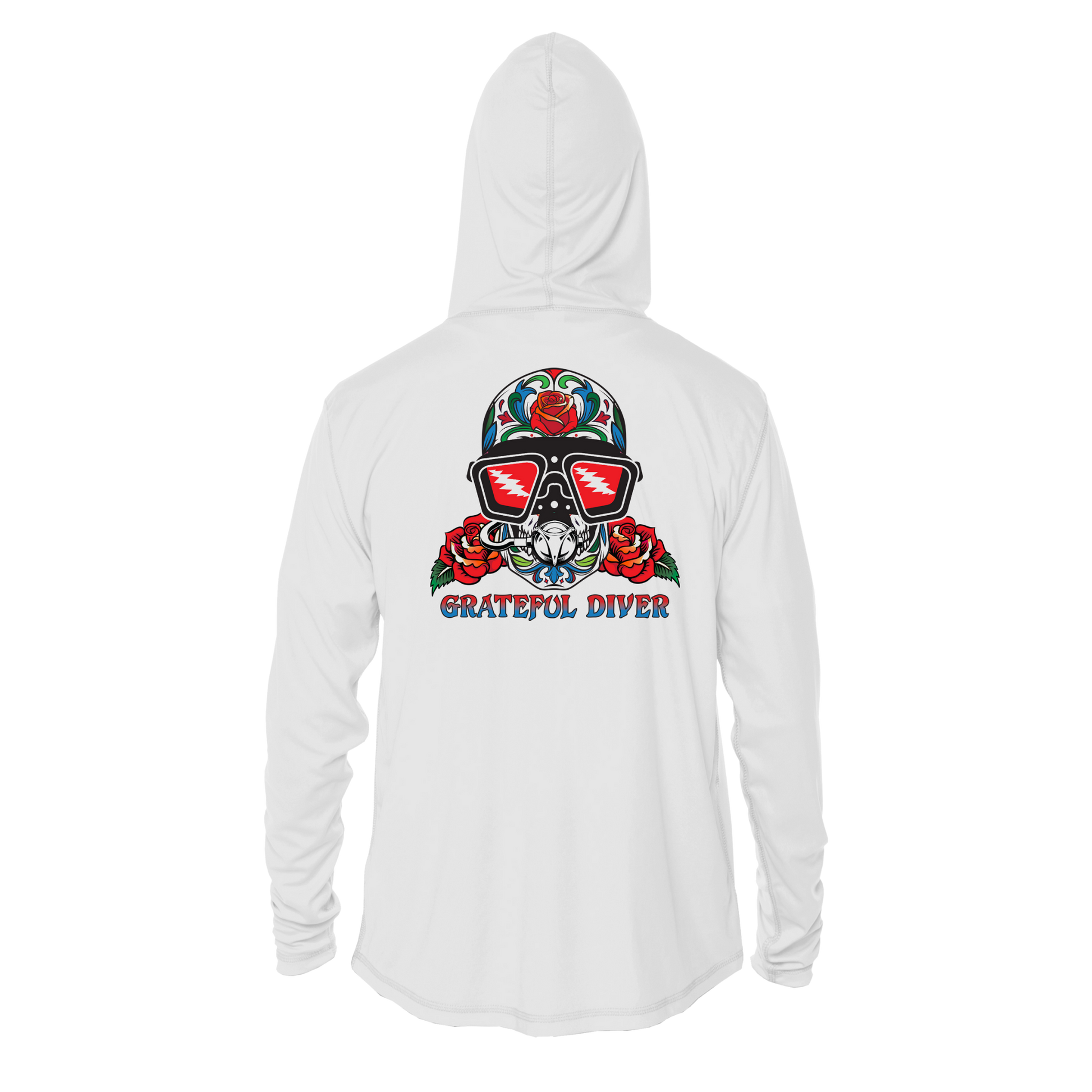 Grateful Diver Sugar Skull UV Shirt Hoodie in white showing back off figure