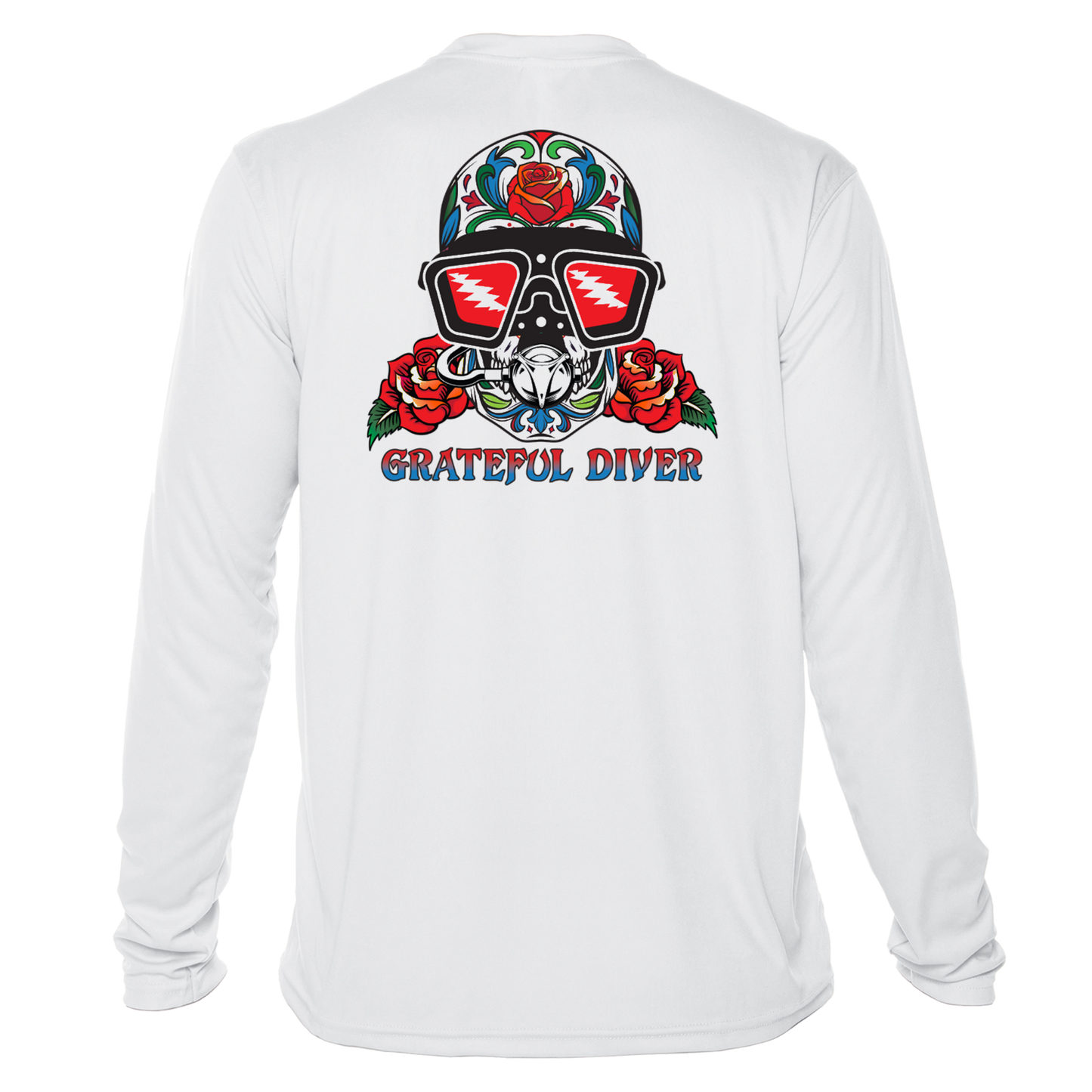 Grateful Diver Sugar Skull UV Shirt in white showing back off figure