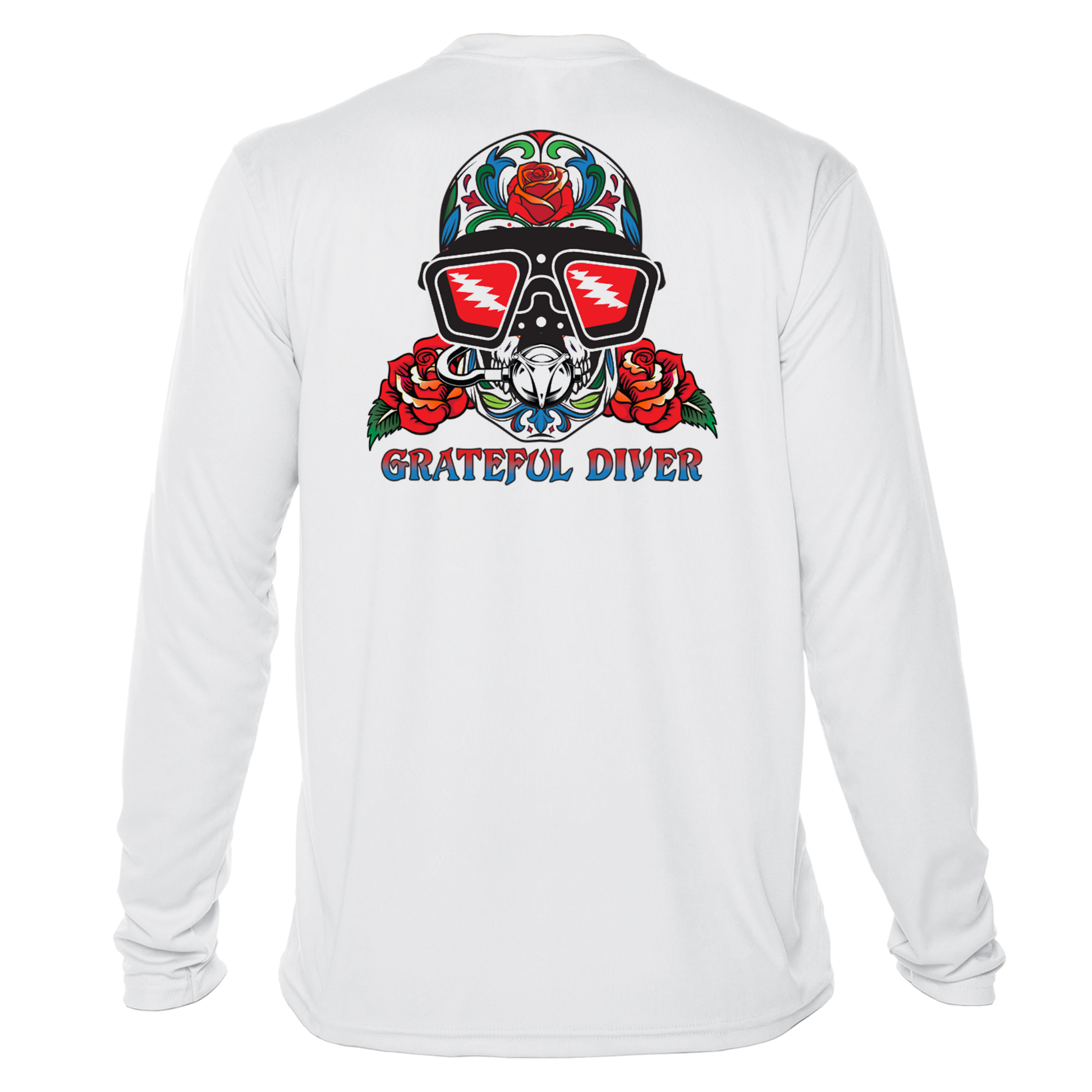 Grateful Diver Sugar Skull UV Shirt in white showing back off figure