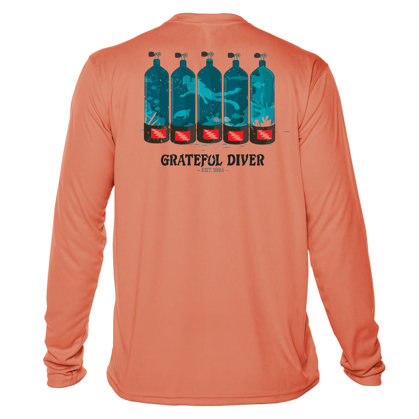 Grateful Diver Dive Tanks UV Shirt in salmon back shot off figure