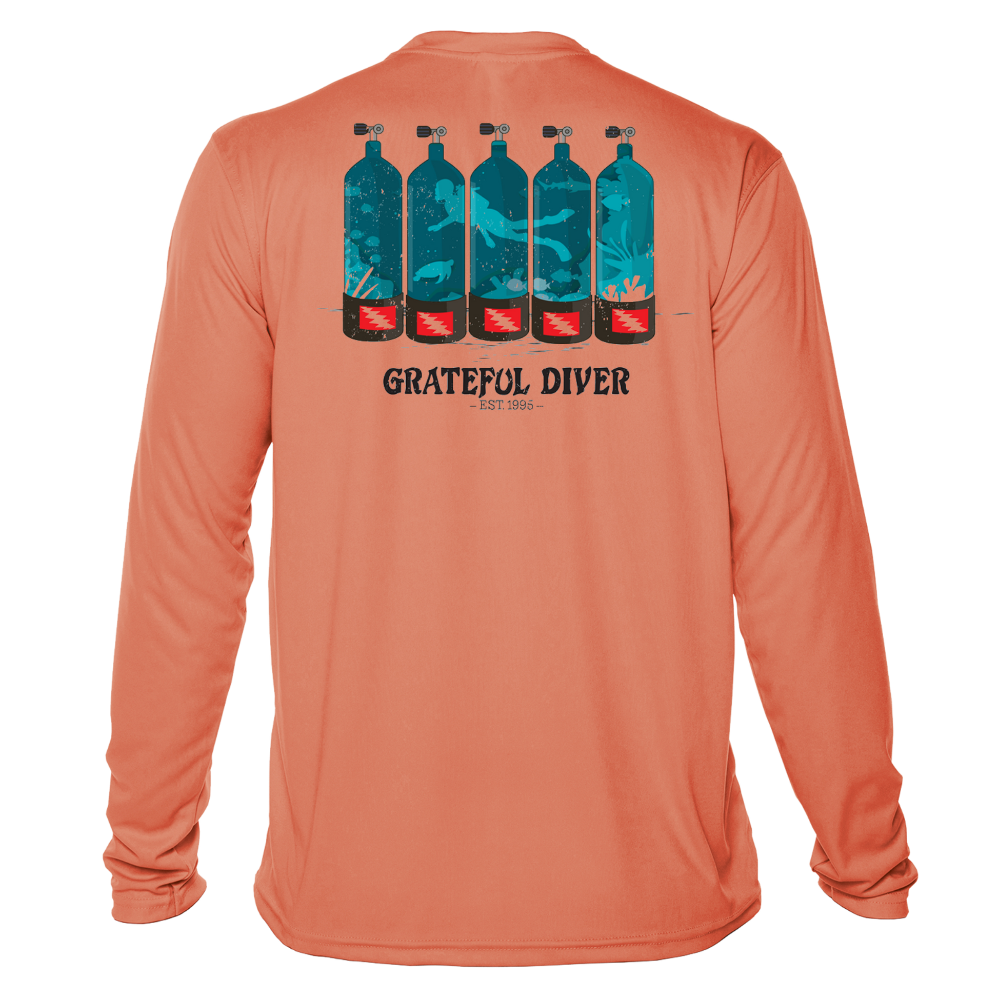 Grateful Diver Dive Tanks UV Shirt in salmon back shot off figure