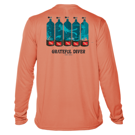 Grateful Diver Dive Tanks UV Shirt in salmon back shot off figure