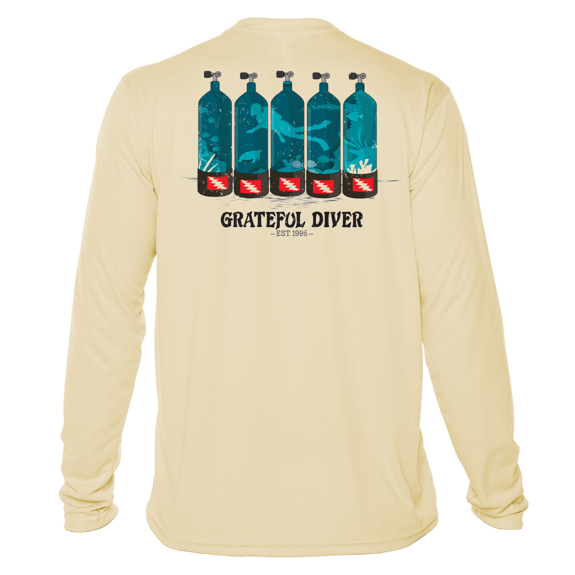 Grateful Diver Dive Tanks UV Shirt in pale yellow back shot off figure