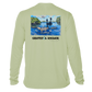 back of sage Grateful Angler Artist's Collection: Fishing for Snook UV Shirt showing vibrant artwork of fishermen above the water in a boat and the snook belowback of salmon Grateful Angler Artist's Collection: Fishing for Snook UV Shirt showing vibrant artwork of fishermen above the water in a boat and the snook below
