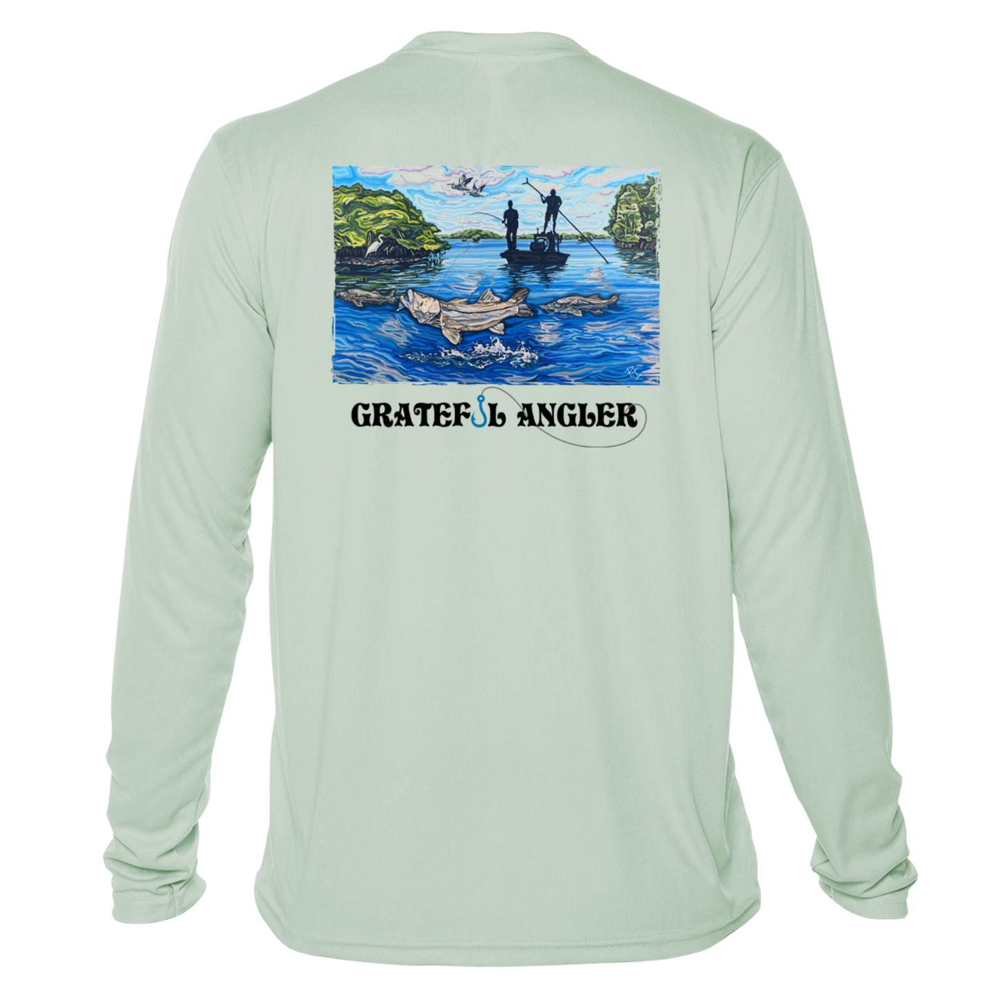 back of seagrass Grateful Angler Artist's Collection: Fishing for Snook UV Shirt showing vibrant artwork of fishermen above the water in a boat and the snook below