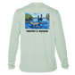 back of seagrass Grateful Angler Artist's Collection: Fishing for Snook UV Shirt showing vibrant artwork of fishermen above the water in a boat and the snook below