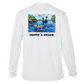 back of white Grateful Angler Artist's Collection: Fishing for Snook UV Shirt showing vibrant artwork of fishermen above the water in a boat and the snook below