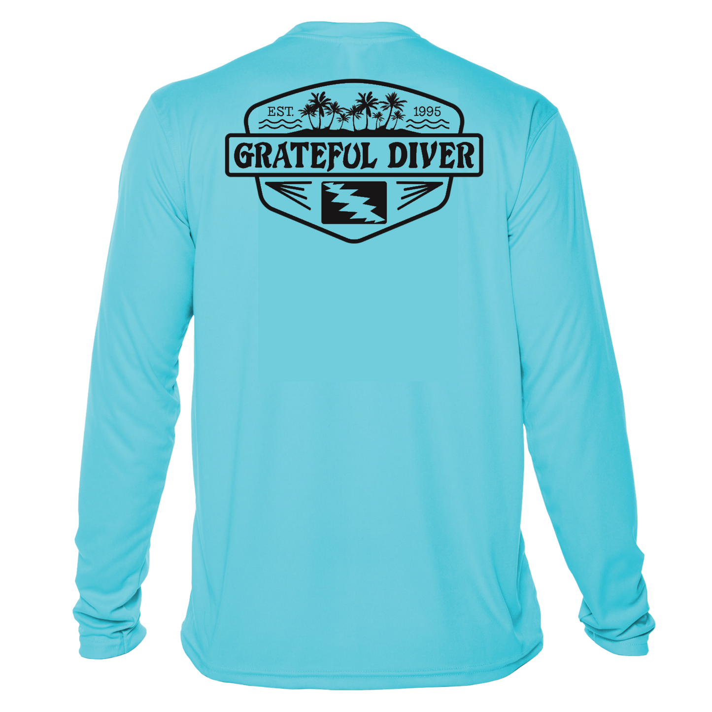 Grateful Diver Palm Tree UV Shirt in water blue showing the back off figure