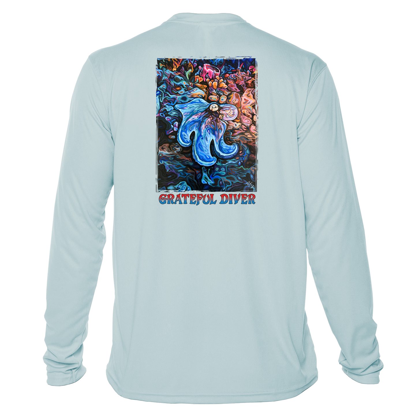 Grateful Diver Artist's Collection by Irina Pushkareva: Caribbean Reef Octopus UV Shirt in arctic blue back shot off figure
