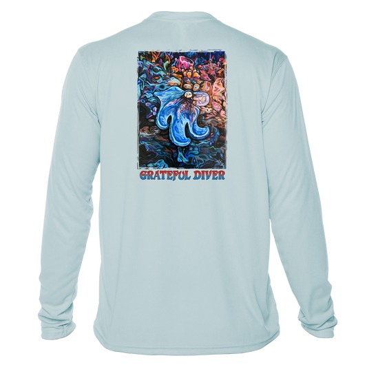 Grateful Diver Artist's Collection by Irina Pushkareva: Caribbean Reef Octopus UV Shirt in arctic blue back shot off figure
