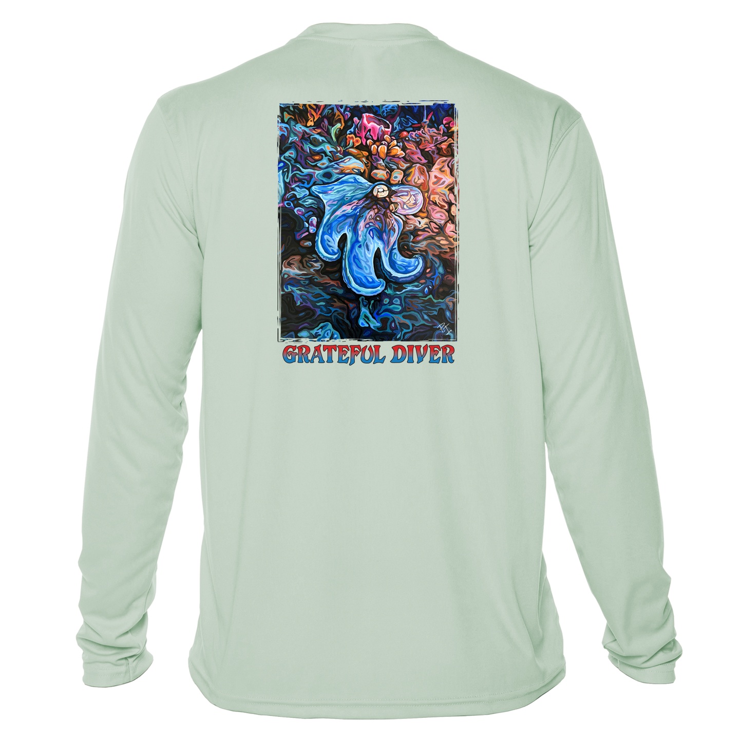 Grateful Diver Artist's Collection by Irina Pushkareva: Caribbean Reef Octopus UV Shirt in seagrass back shot off figure
