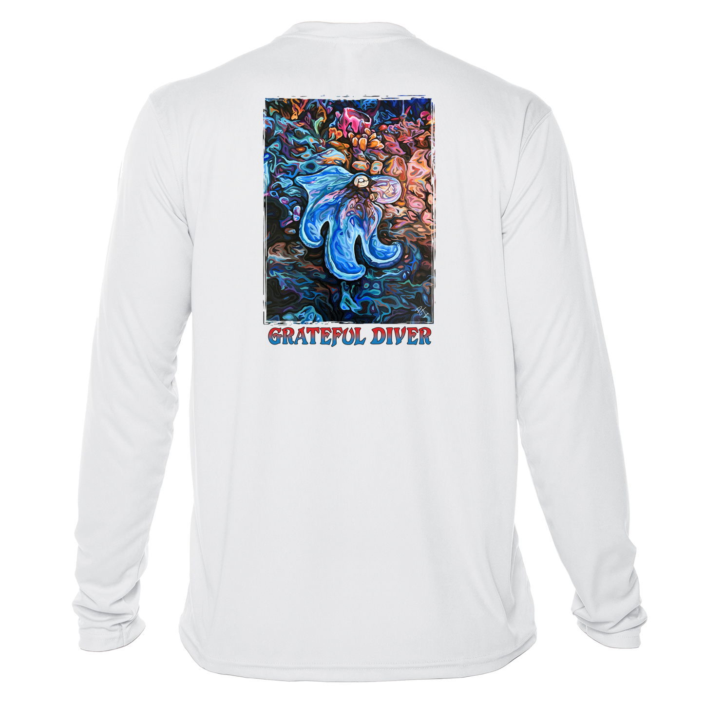 Grateful Diver Artist's Collection by Irina Pushkareva: Caribbean Reef Octopus UV Shirt in white back shot off figure