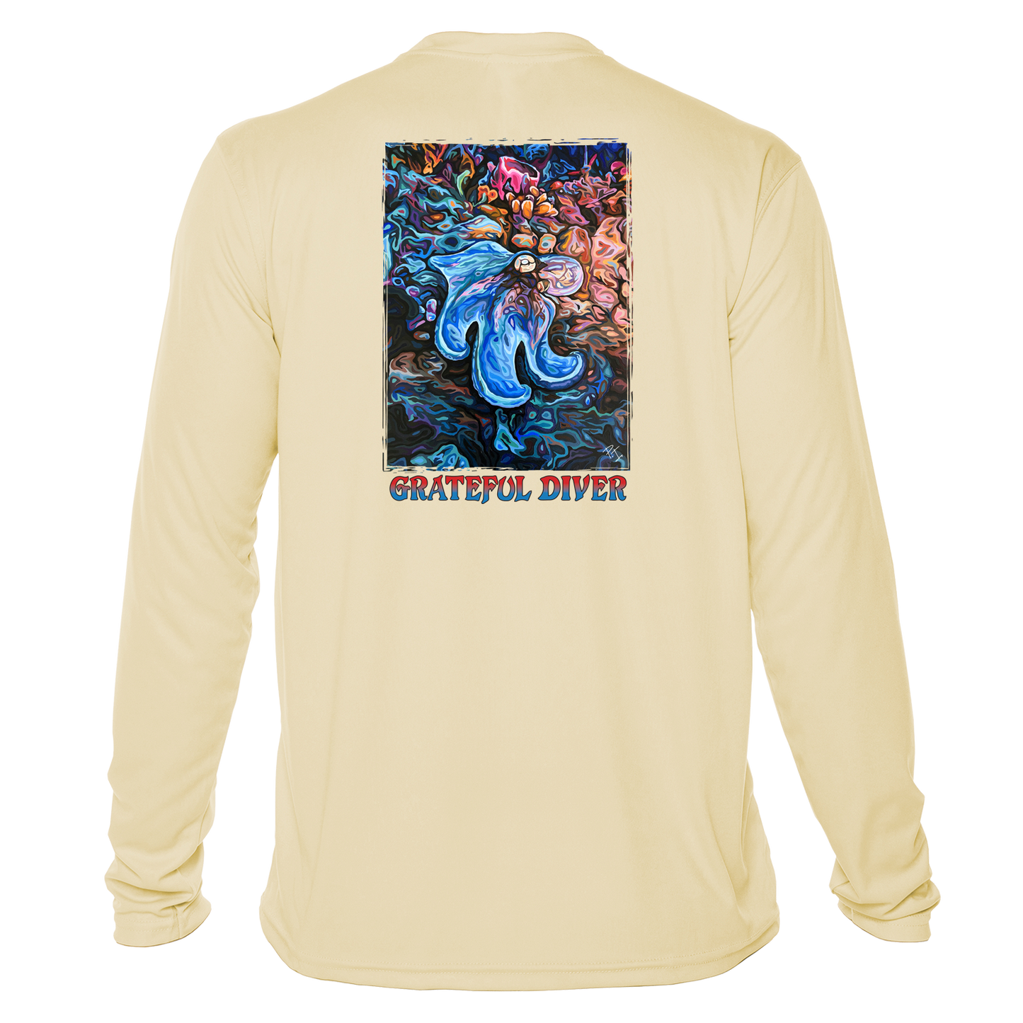 Grateful Diver Artist's Collection by Irina Pushkareva: Caribbean Reef Octopus UV Shirt in pale yellow back shot off figure