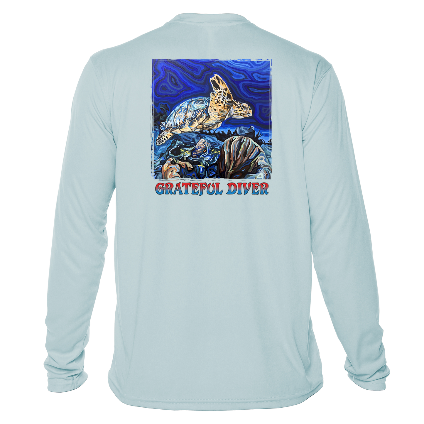 Grateful Diver Artist's Collection by Irina Pushkareva: Hawksbill Turtle UV Shirt in arctic blue back shot off figure