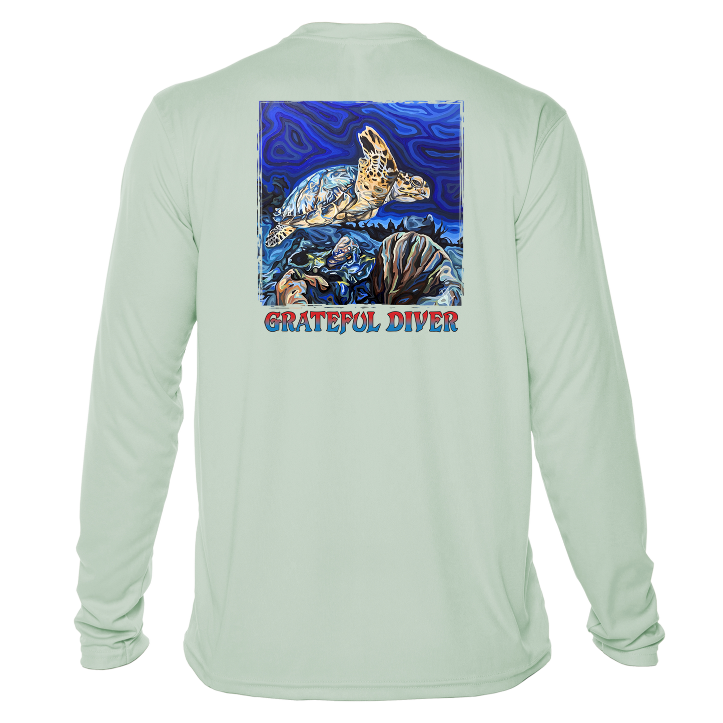 Grateful Diver Artist's Collection by Irina Pushkareva: Hawksbill Turtle UV Shirt in seagrass back shot off figure