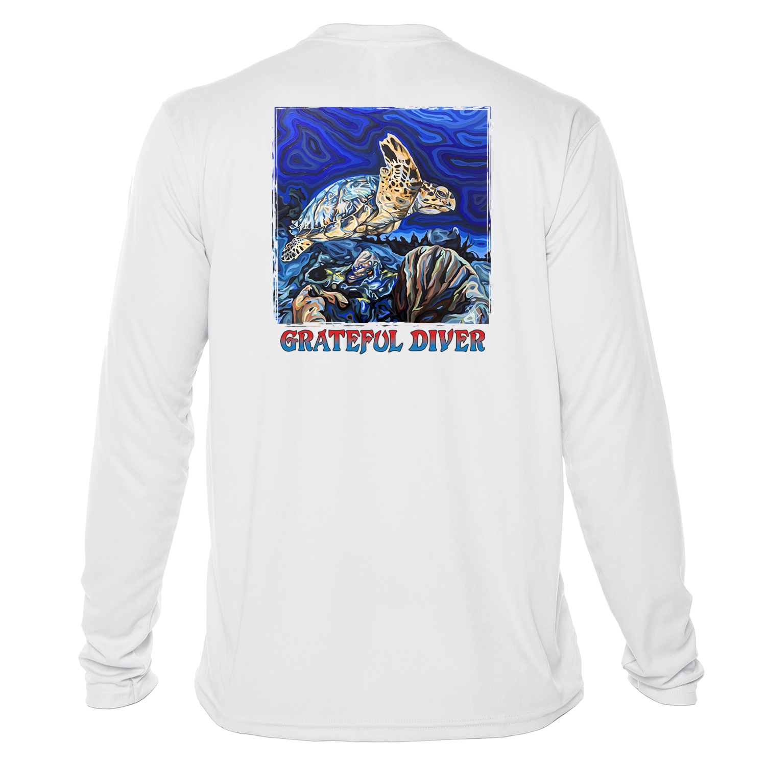 Grateful Diver Artist's Collection by Irina Pushkareva: Hawksbill Turtle UV Shirt in white back shot off figure