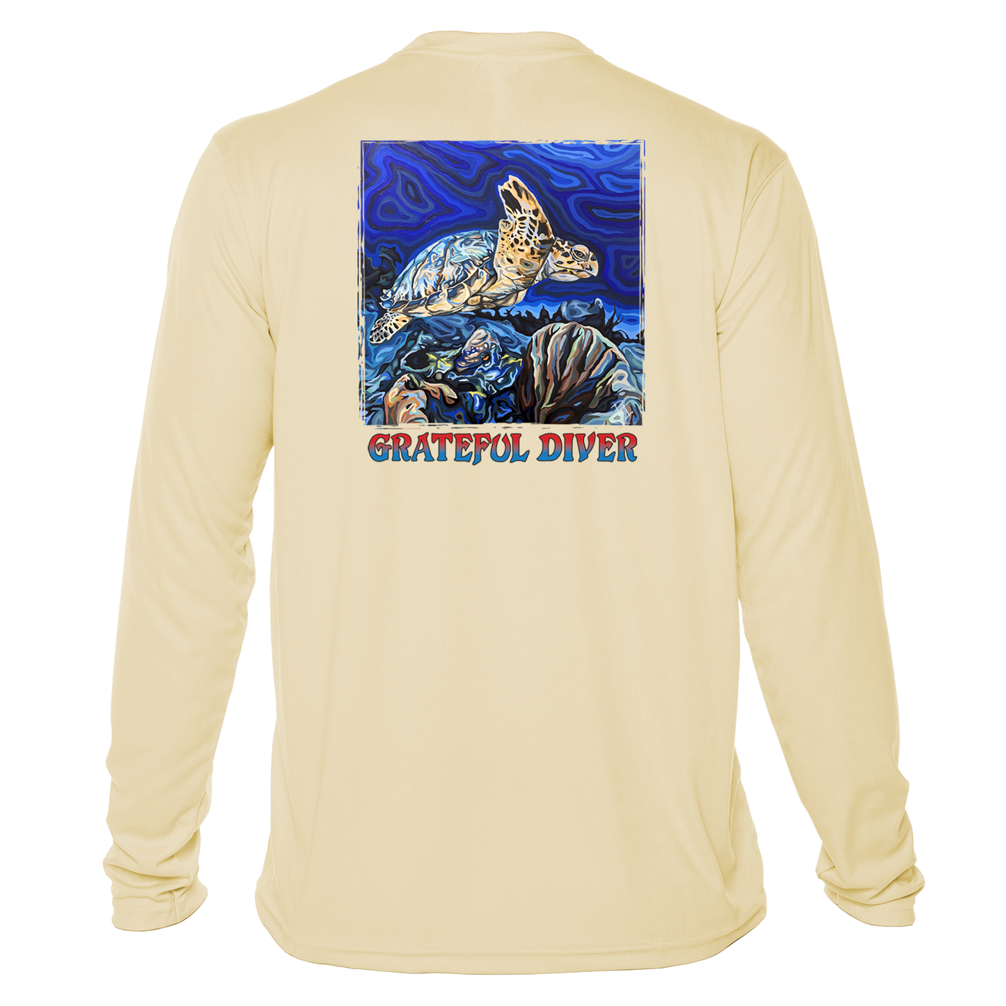 Grateful Diver Artist's Collection by Irina Pushkareva: Hawksbill Turtle UV Shirt in pale yellow back shot off figure