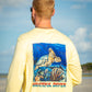 Grateful Diver Artist's Collection by Irina Pushkareva: Hawksbill Turtle UV Shirt in pale yellow back shot on model on sandbar