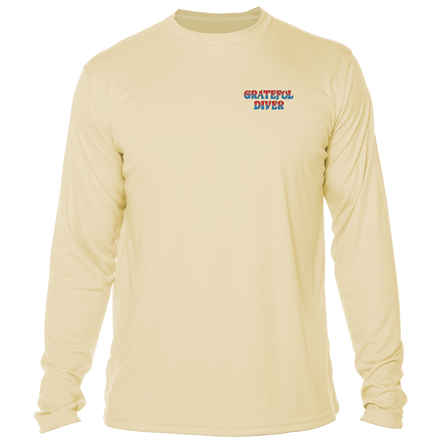 Grateful Diver Sugar Skull UV Shirt in pale yellow showing front off figure