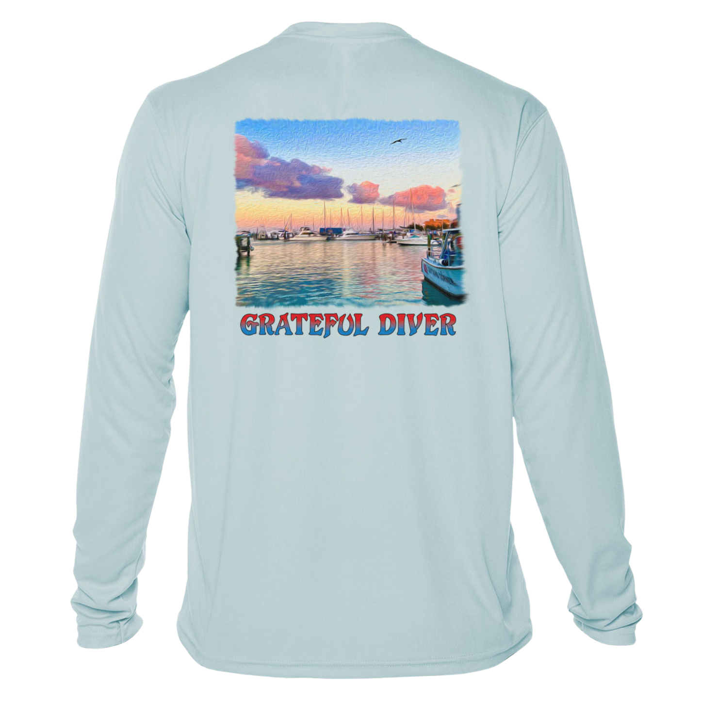 back of the Grateful Diver's Artist's Collection: Captain's Corner UV Shirt in arctic blue showing docked boats at sunrise