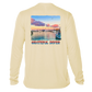 back of the Grateful Diver's Artist's Collection: Captain's Corner UV Shirt in pale yellow showing docked boats at sunrise