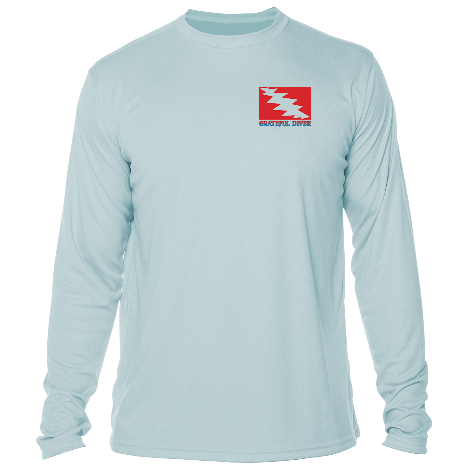 front of Grateful Diver's Artist's Collection: Island Life UV Shirt in arctic blue showing the classic dive flag logo
