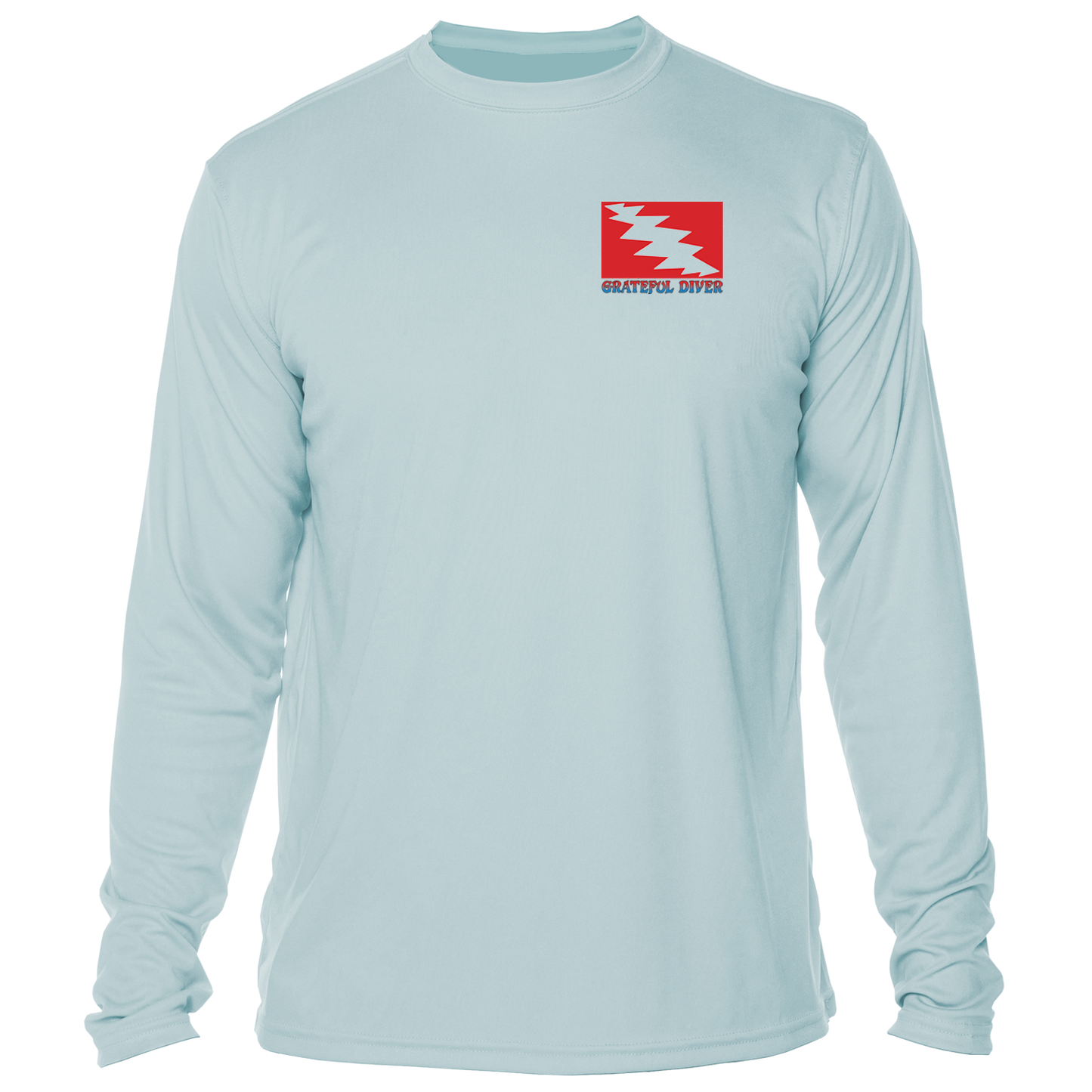 front of the Grateful Diver's Artist's Collection: Captain's Corner UV Shirt in arctic blue showing the classic dive flag logo