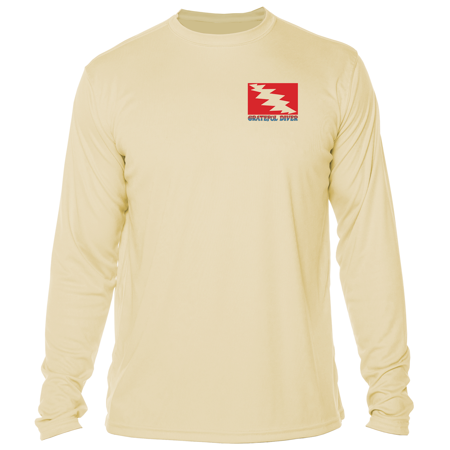 front of the Grateful Diver's Artist's Collection: Captain's Corner UV Shirt in pale yellow showing the classic dive flag logo