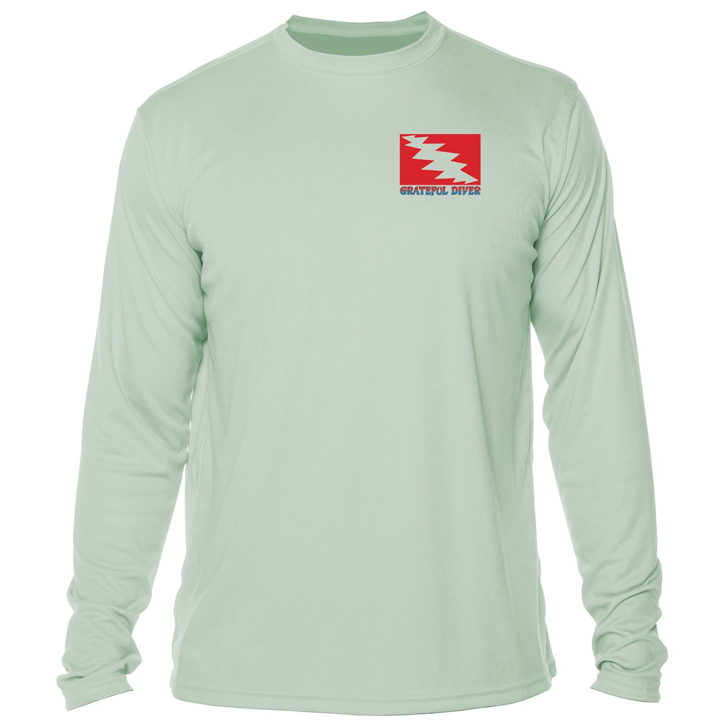front of Grateful Diver's Artist's Collection: Island Life UV Shirt in seagrass showing the classic dive flag logo