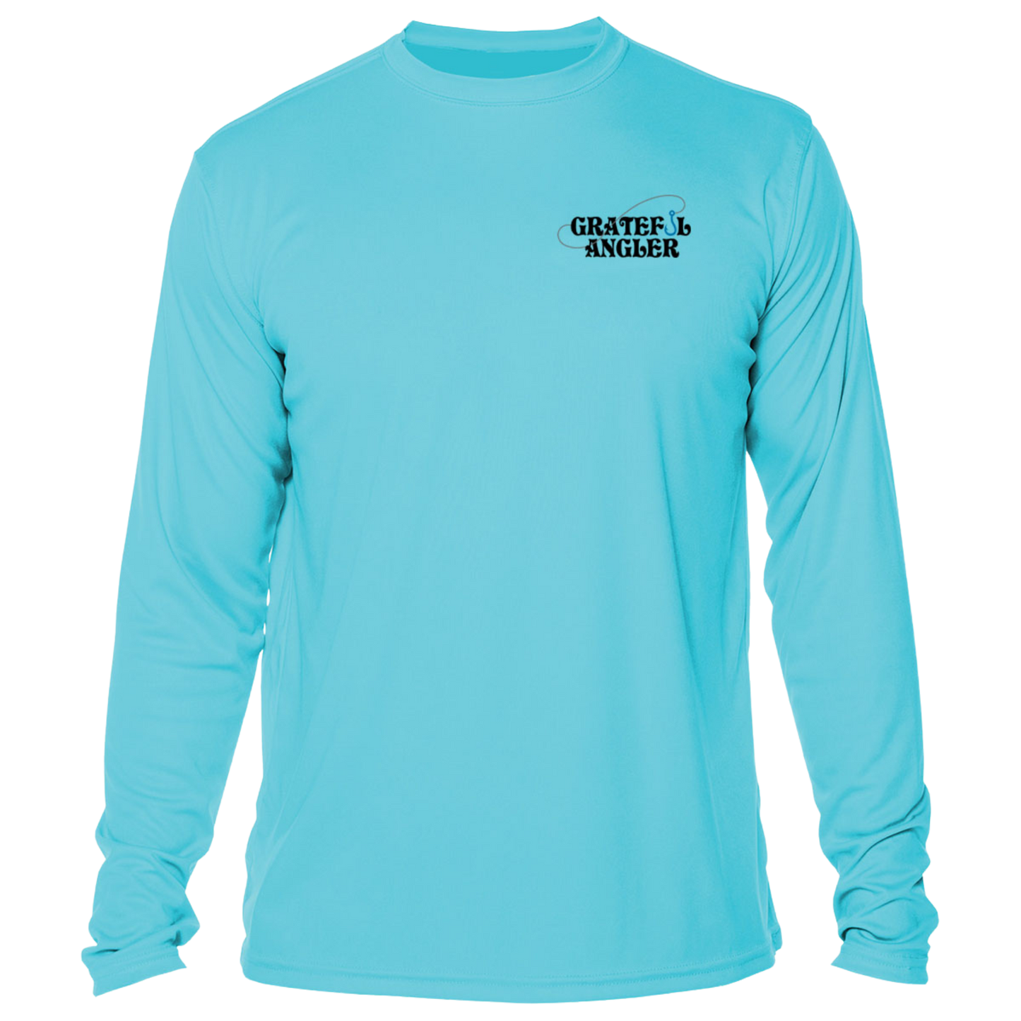 back of water blue Grateful Angler Artist's Collection: Hunting Wahoos UV Shirt showing fish hook logo