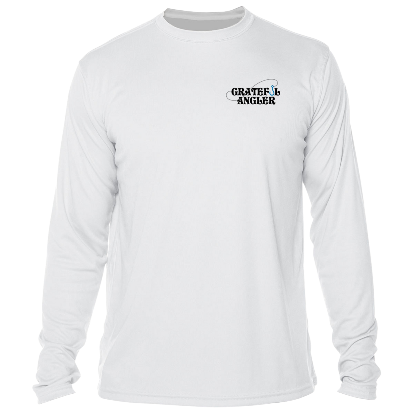 back of white Grateful Angler Artist's Collection: Hunting Wahoos UV Shirt showing fish hook logo
