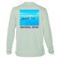 back of Grateful Diver's Artist's Collection: Island Life UV Shirt in seagrass showing an island surrounded by blue water and sky