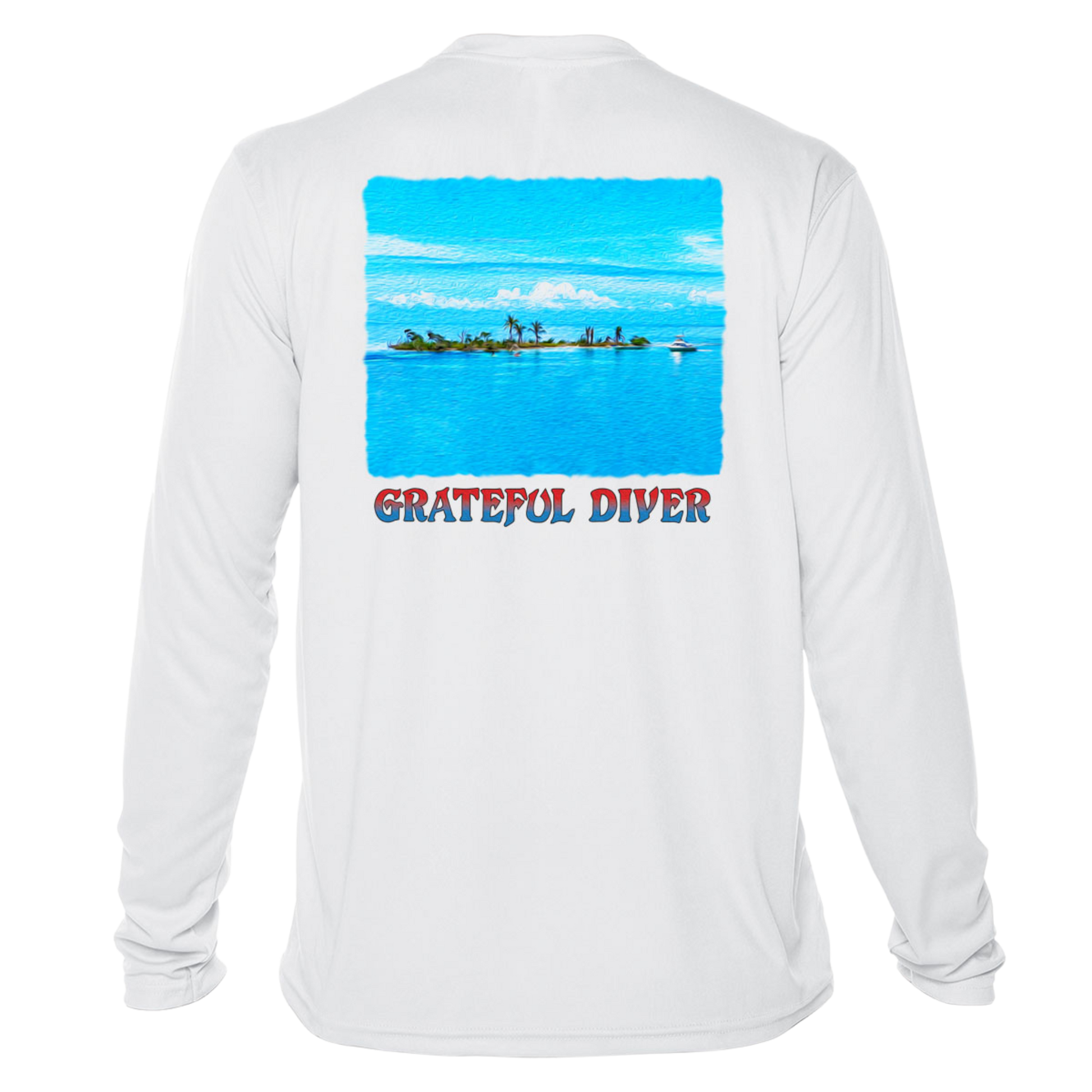 back of Grateful Diver's Artist's Collection: Island Life UV Shirt in white showing an island surrounded by blue water and sky