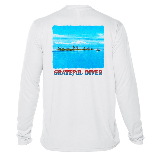 back of Grateful Diver's Artist's Collection: Island Life UV Shirt in white showing an island surrounded by blue water and sky